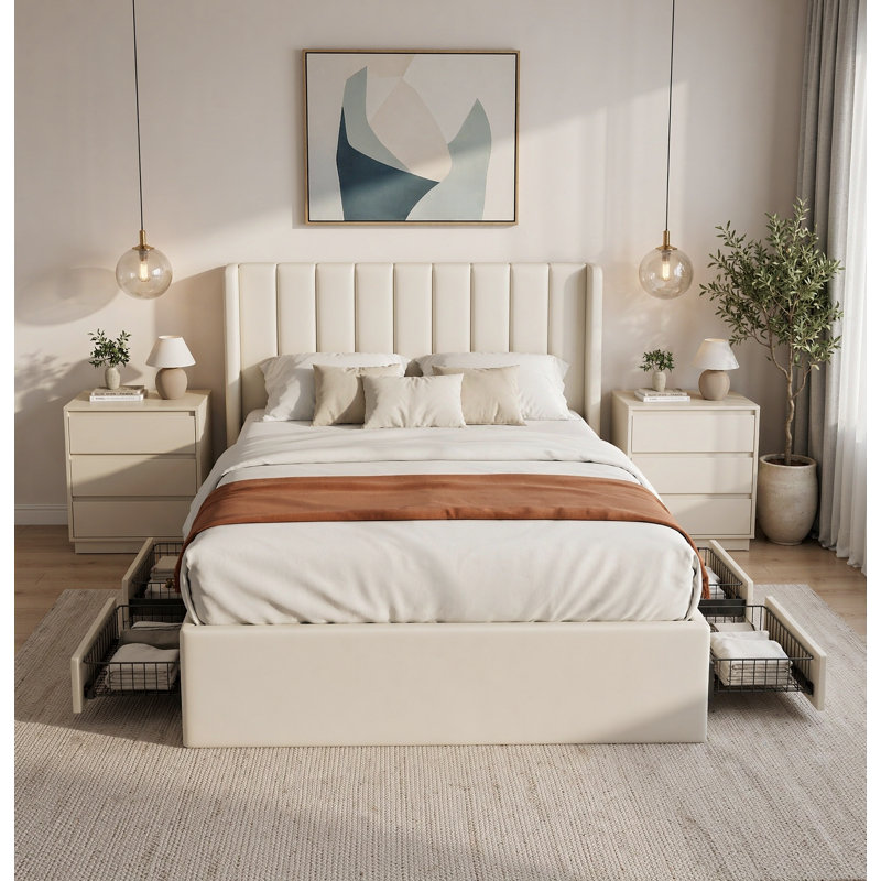 Ensemble de chambre à coucher 3 pièces, 1 lit de rangement rembourré en chenille et 3 tables de chevet à tiroirs