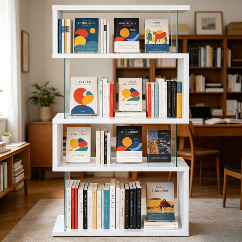 Bibliothèque ouverte moderne à 4 niveaux, présentoir géométrique blanc ultrabrillant avec panneaux latéraux en verre transparent, bibliothèque de rangement verticale autoportante pour le bureau de la chambre à coucher