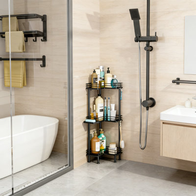 Corner Shower Caddy With 3 Tiers, Rustproof Shelves And Hooks For Bathroom Storage