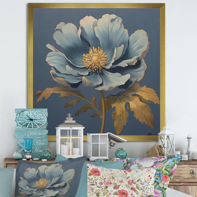 «Blooming Blue Anemone Golden Leaves», reproduction d'art rétro sur toile