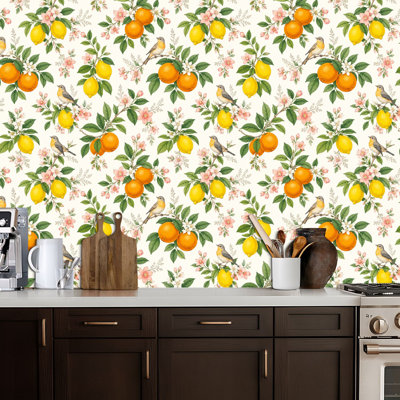 Peel and Stick Wallpaper Citrus Fruits Birds Botanical Oranges Lemons Green Leaves Flowers Contact Paper Removable Self Adhesive Wall Mural Wall Decor for Bedroom Kitchen Cabinets 17.7in x 118in
