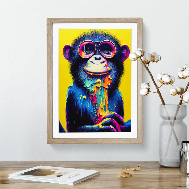 Paint Drip Monkey No.3 - Single Picture Frame Print, 64cm H x 46cm W x 2cm D, Oak