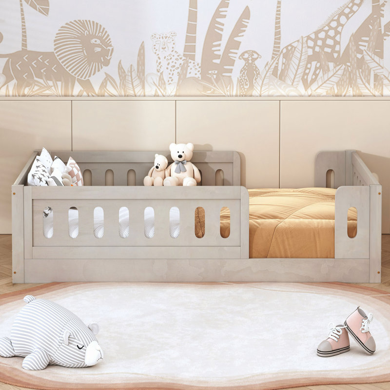 Wood Platform Bed With Guardrail, Natural