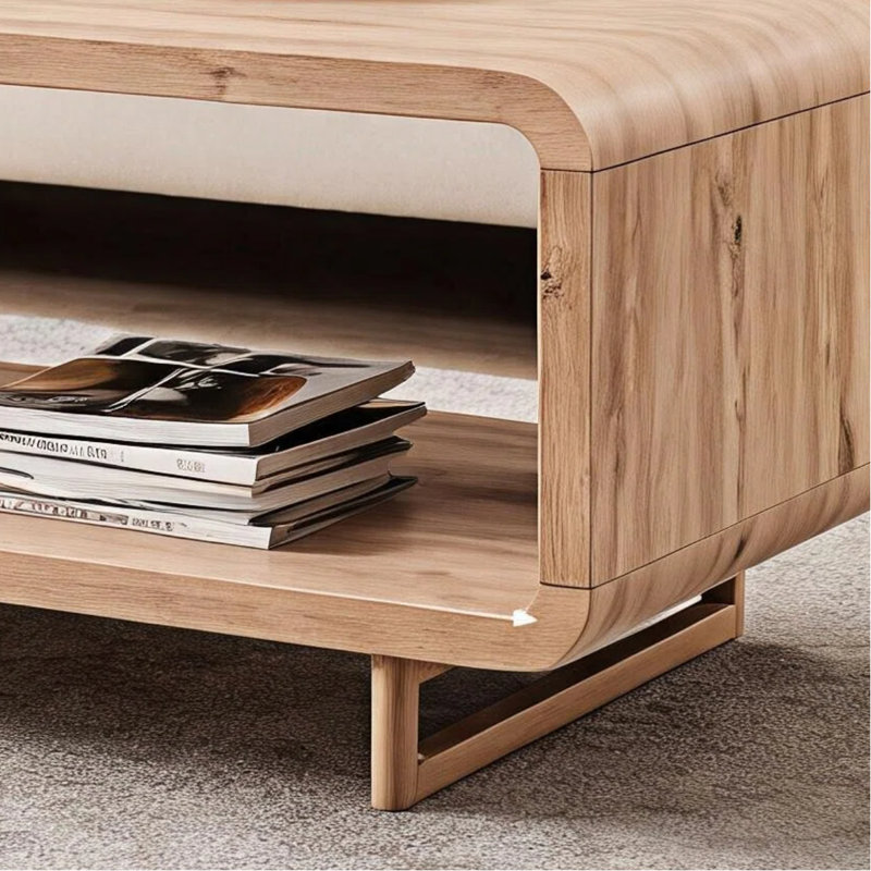 Oak Coloured Solid Wood Long Table, Curved Outline+Double-Layer Storage, Simple And Thick, Suitable For Both Living Room And Office Use
