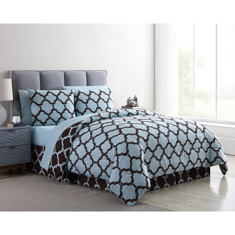 Ensemble d'édredon réversible en microfibre 7 pièces Dehaan, Bleu / chocolat, Édredon de grande taille et 6 pièces supplément