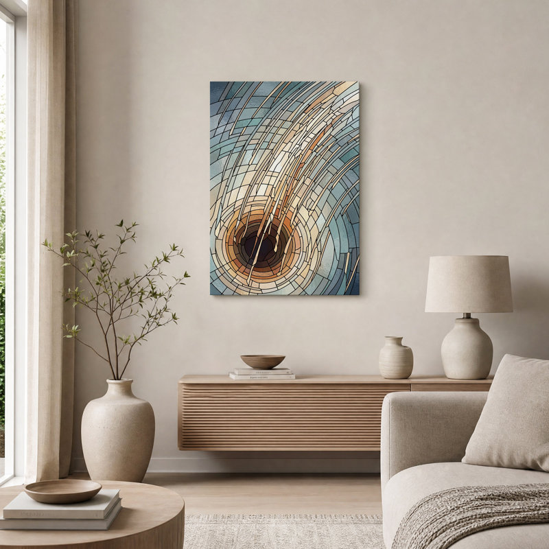 Spirale en vitrail bleu et beige sur toile, H 40 po x l 28 po