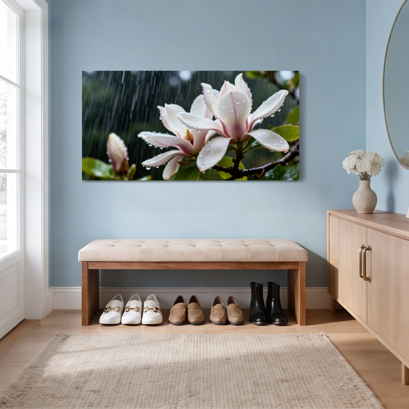 Ensemble de 1 tableau sur toile tendue « Fleur de magnolia sous la pluie », H 12 po x l 36 po