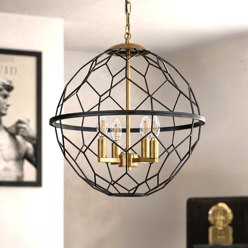 Lustre géométrique à 4 lumières, 45,7 cm (18 po), cage noire et laiton antique