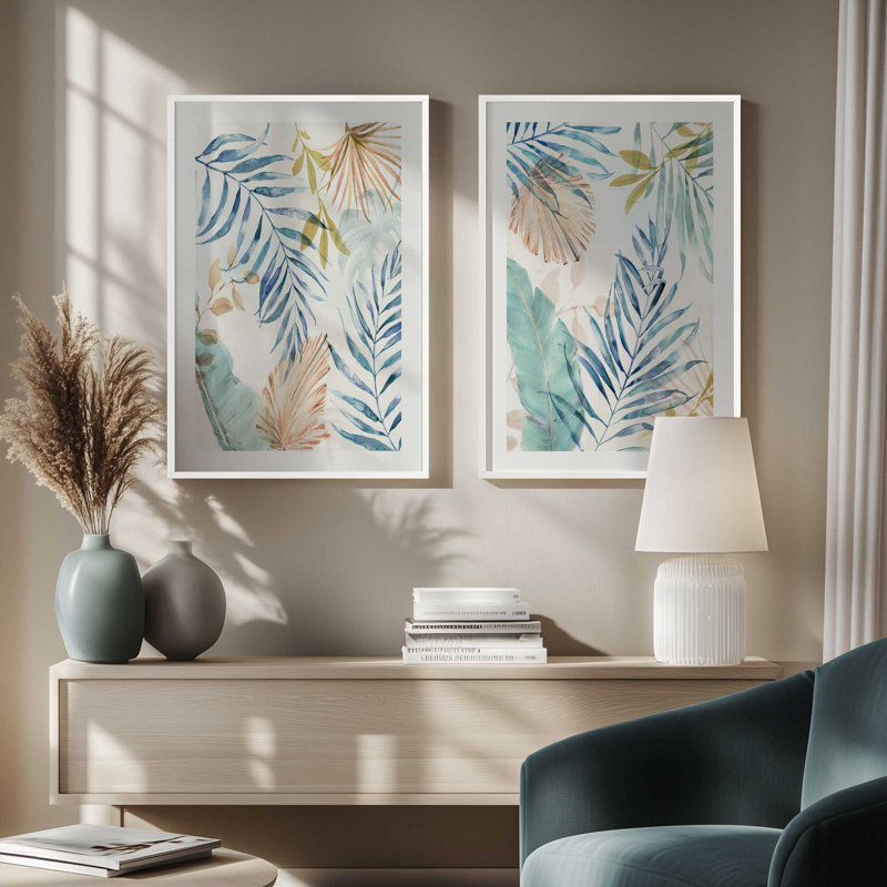 Ensemble de 2 impressions sur feuilles Leafy Breeze, 48 po x 32 po, Impression encadrée, Chrome poli
