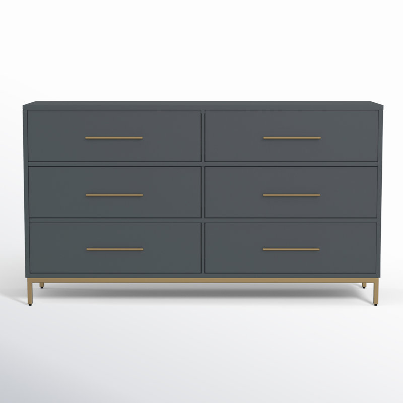 Slate Gray Mahogany 6-Drawer Dresser with Gold Accents
