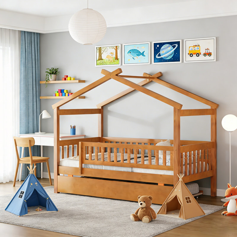 Twin Size Wooden House Bed With Trundle, Walnut, Twin