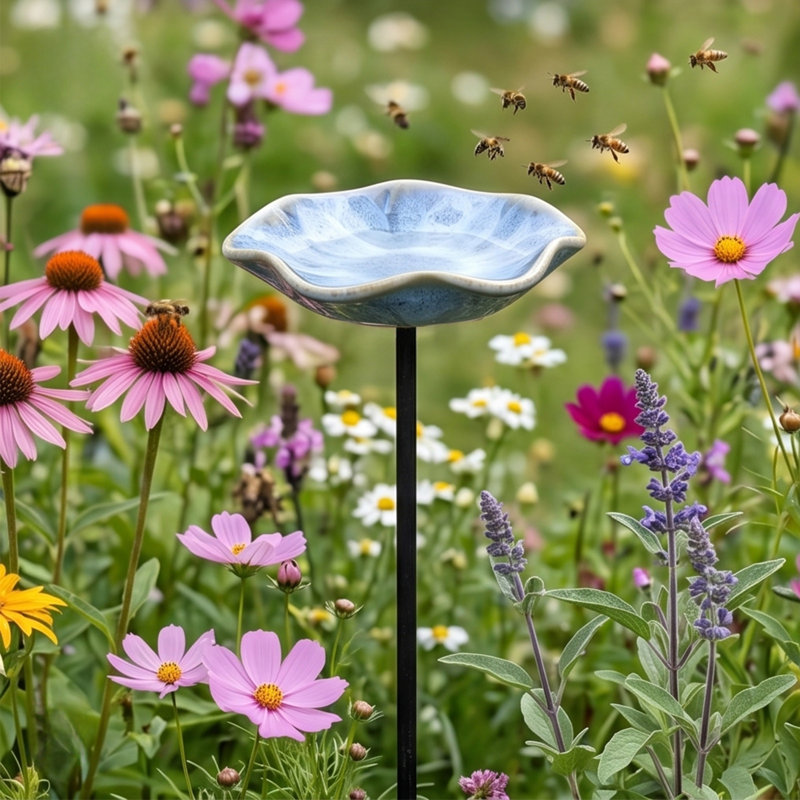 Abreuvoir à pollinisateur en céramique émaillée avec piquet jardin d'insectes floraux, vert, E