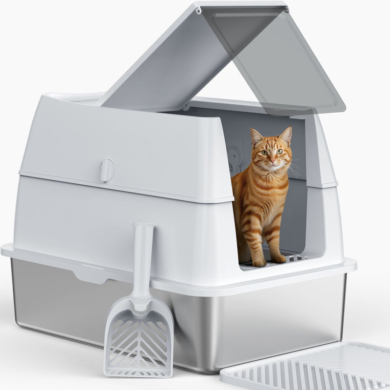 Stainless Steel Cat Litter Box, Flip-Top Enclosed Design, High Sides for Odor & Splash Control, Non-Stick Easy to Clean, with Scoop