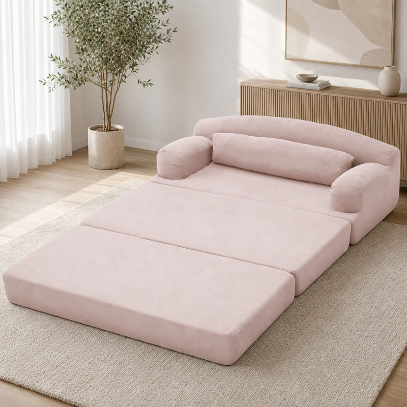 Canapé-lit pliable deux places en velours côtelé rose pâle avec mousse haute densité