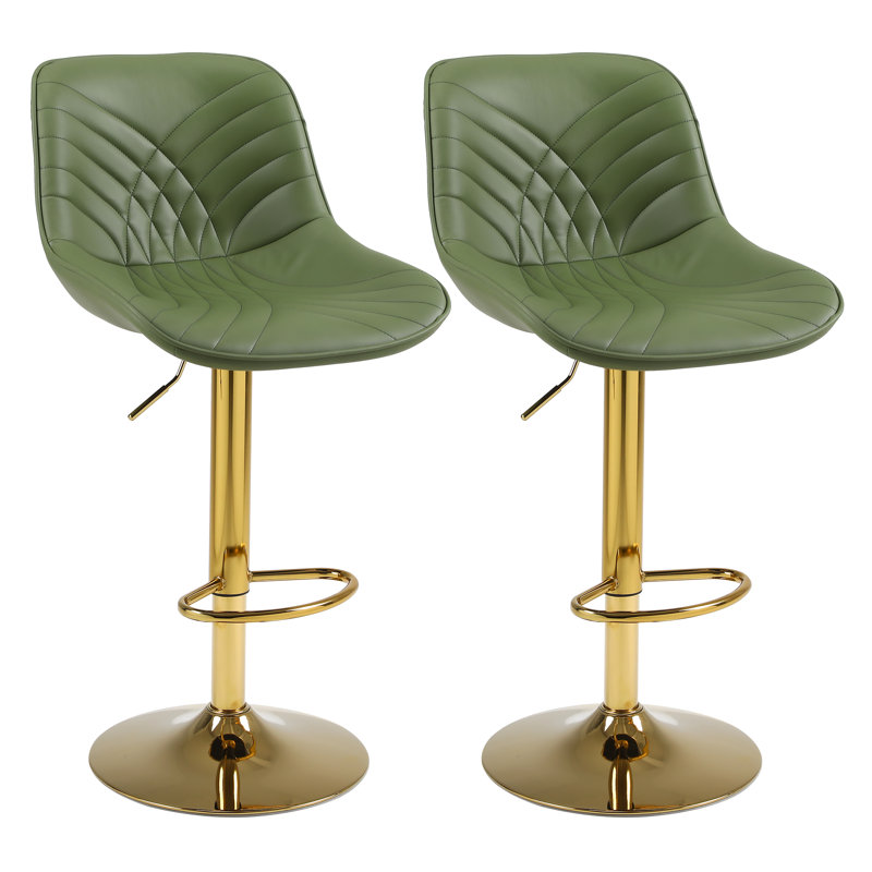 Adjustable Faux Leather Bar Stools with Base for Kitchen Island and Bar, Gold, Green