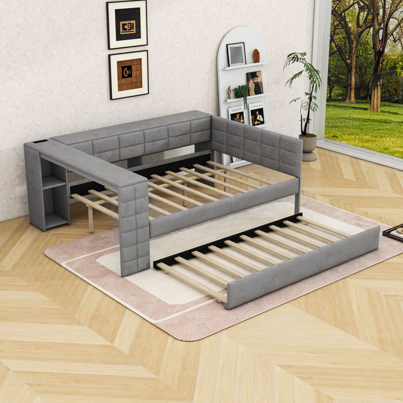 Full Upholstered Daybed with USB Ports, Trundle and Shelves, Gray