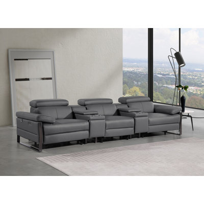 Top Grain Italian Leather Modular Power Triple Reclining Sofa With Dual Consoles & Power Adjustable Headrests
