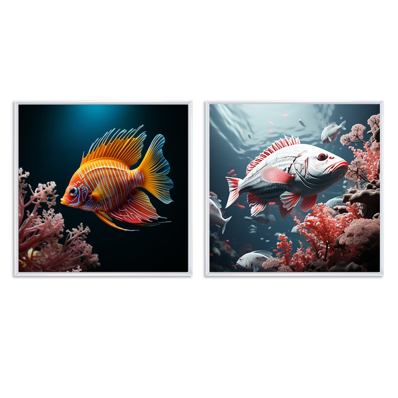 Beautiful Blue And Orange Butterflyfish VII - Animals Fish Square Collage Set Of 2, White Floater Framed, 36" H x 73" W