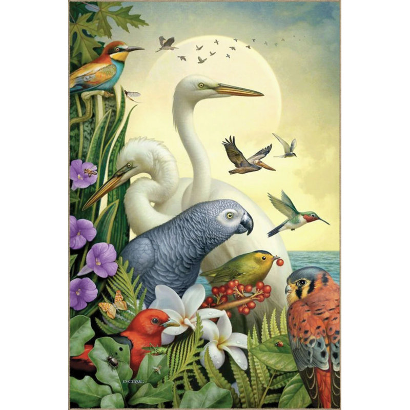 Tapestry Design Multicolored Parrot Stork And Sky Patterned Vintage Decorative Rug, Rectangle 2'4" x 4'