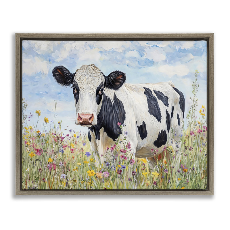 «Holstein Cow in Meadow Floater», art mural par Franklyn Gregory, H 25 po x l 31 po, Cadre flottant orme Montalcino