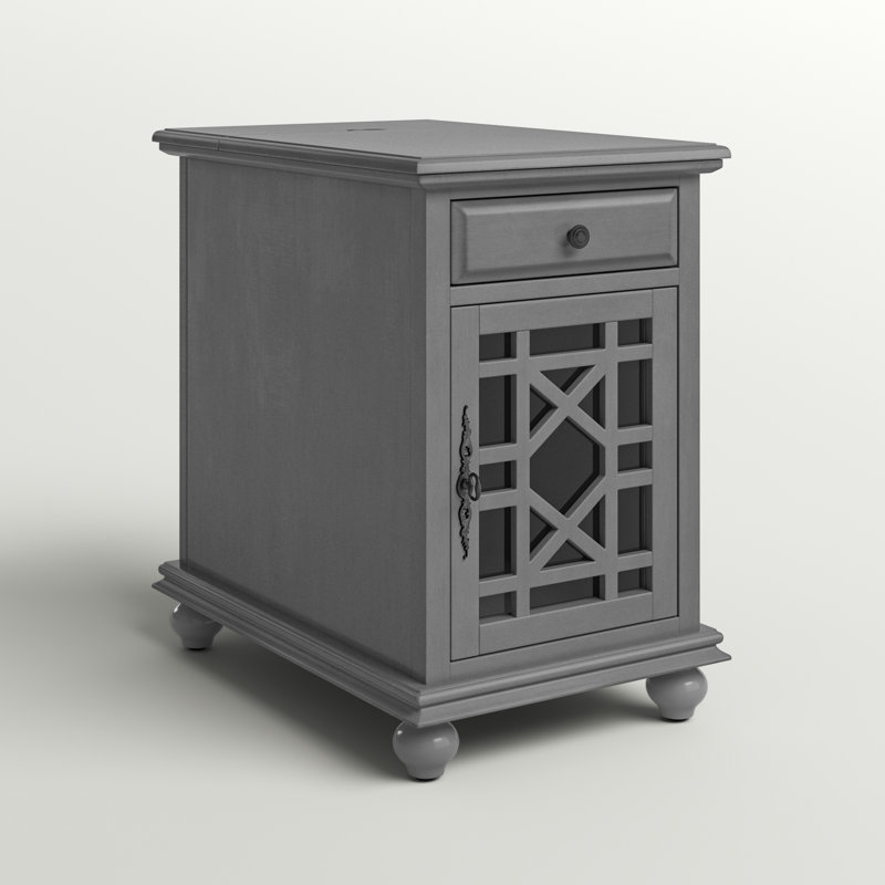 Ahmara End Table with Storage and Built-In Outlets, Grey Top / Grey Base