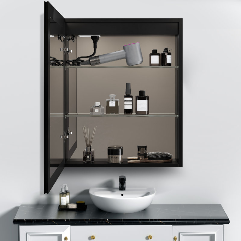 24'' W x 30'' H Medicine Cabinet with Led Lights and Mirror, Surface or Recessed Mounted Bathroom Cabinet, 3-color Mode Lights, Defogger, Memory Function, Outlet & Usb, Dimmer, Large Storage Space ,Black, Left Hinge