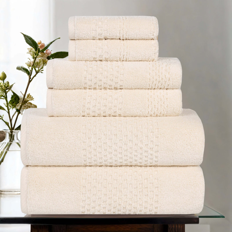 Playa Zero Twist Cotton Medium Weight Solid Waffle Textured Towel Set, 6 Piece Towel Set, Ivory