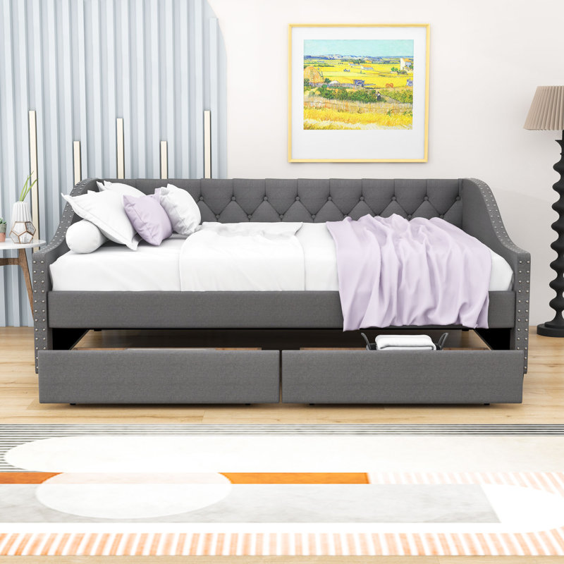 Full Upholstered Daybed with Two Drawers, Gray