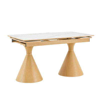 Extendable Stone-Top Dining Table: White marble-patterned tabletop with wood-colored tapered metal legs. A modern, luxury-inspired rectangular dining