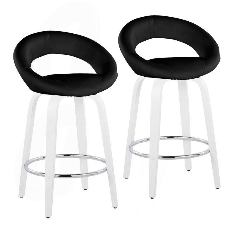 Tabouret de comptoir à hauteur fixe avec pivot en bois blanc et similicuir avec repose-pieds rond chromé - ensemble de 2