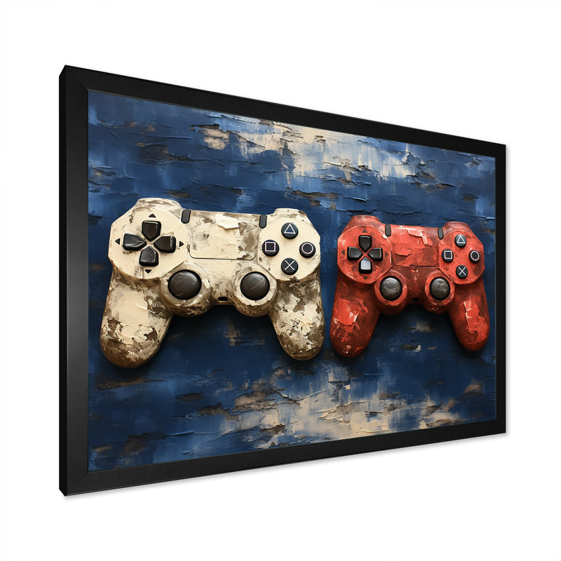 White and Red Ps Video Game Controllers - Art mural de jeux vidéo, Cadre d'angle fermé noir, H 12 po x l 20 po x P 1 po