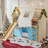 Full Size House Loft Bed with Sills and Tents, Solid Wood Loft Bed with Ladders and Slide, Chic Design with Lights, No Box Spring Needed, Natural+Pink-1788587917-1788587906