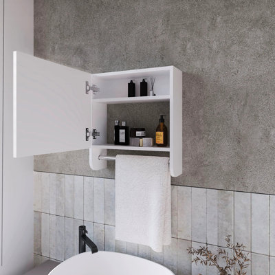 Armoire de salle de bain avec barre à serviettes et miroir inclus - Support mural blanc et moderne