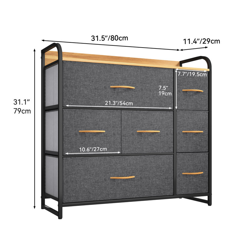 Eriska Steel Frame Chest of Drawers bedroom drawers with 7 Drawers & Wood Top, Oak/Dark Grey