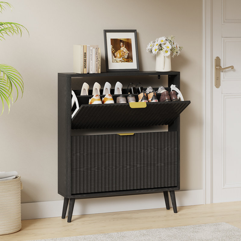 Shoe Cabinet With Flip Drawers, Wooden Shoe Organizer With Hidden Storage, For Hallway And Entryway, Matte Black