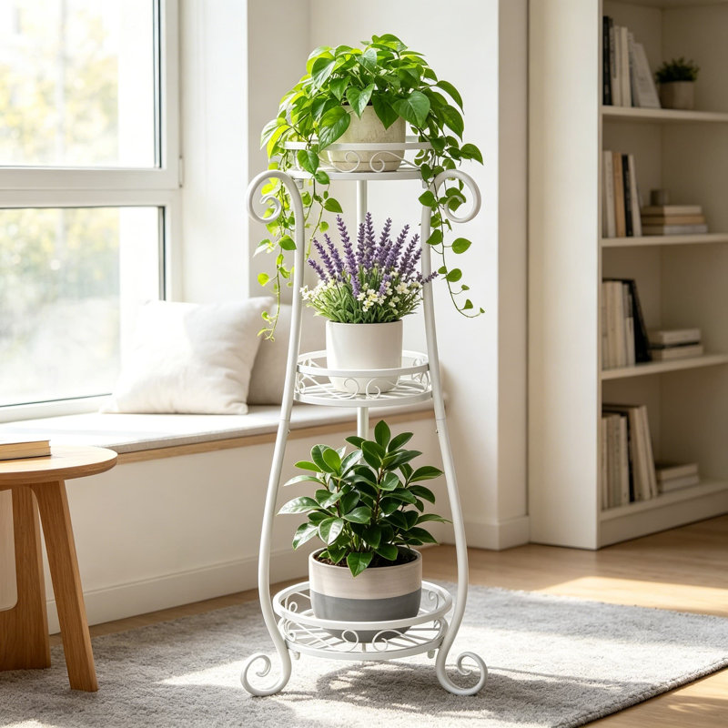 Support à plantes à 3 niveaux pour l'intérieur et l'extérieur en fer forgé, White