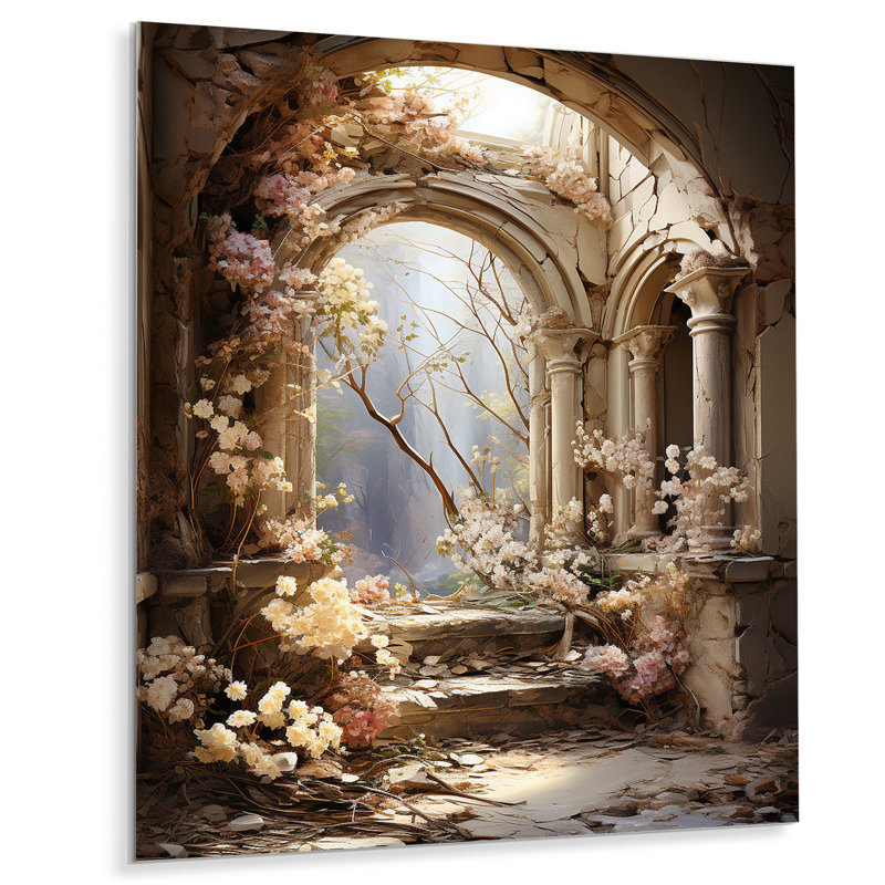 Ancient Ruins Blooms II - Fantasy Metal Wall Art, 44" H x 34" W x 1.5" D