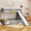 Lit simple superposé au dessus d'un lit double avec glissade, escalier de rangement et garde-corps de sécurité en bois de pin massif, gris-1140675387