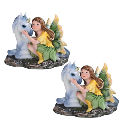 "2-PC Set" ICE ARMOR 5"W Green/Yellow Fairy with Unicorn Figurine Figurine Statue Ornament Home/Room Decor and Perfect Gift Ideas for House Warming, Holidays and Birthdays Great Collectible Addition