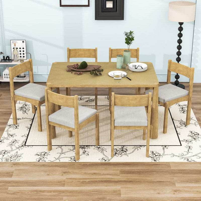 7Pcs Rectangular Dining Table Set with Chairs, Natural Wood Wash