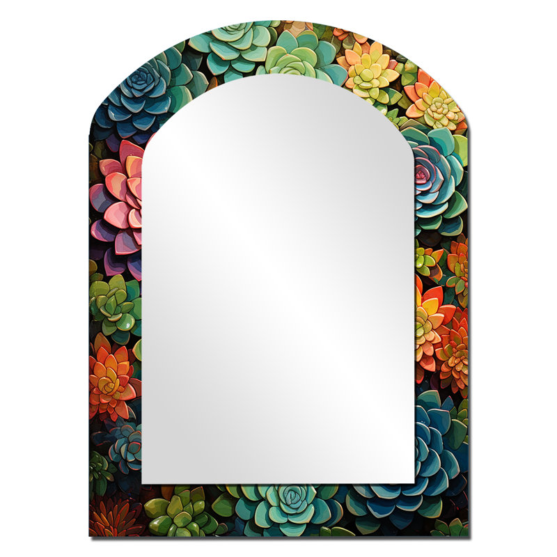 «Succulents Succulent Mosaic», miroir décoratif arqué, miroir mural asymétrique traditionnel, impression sur métal