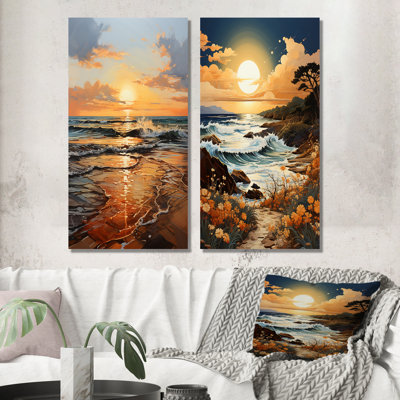 Lever de soleil bleu sarcelle orange sur la plage «Lever de soleil bleu sarcelle orange sur la plage» - 2 pièces
