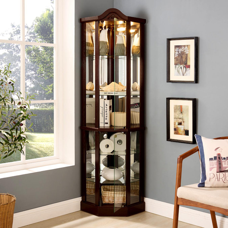 Vitrine d'angle vitrée avec vitrine d'angle vitrée, vitrine avec armoire lumineuse, armoire à vin avec tablettes réglables en verre, décoration sculptée DAARK CHERRY, lumière (incluse)
