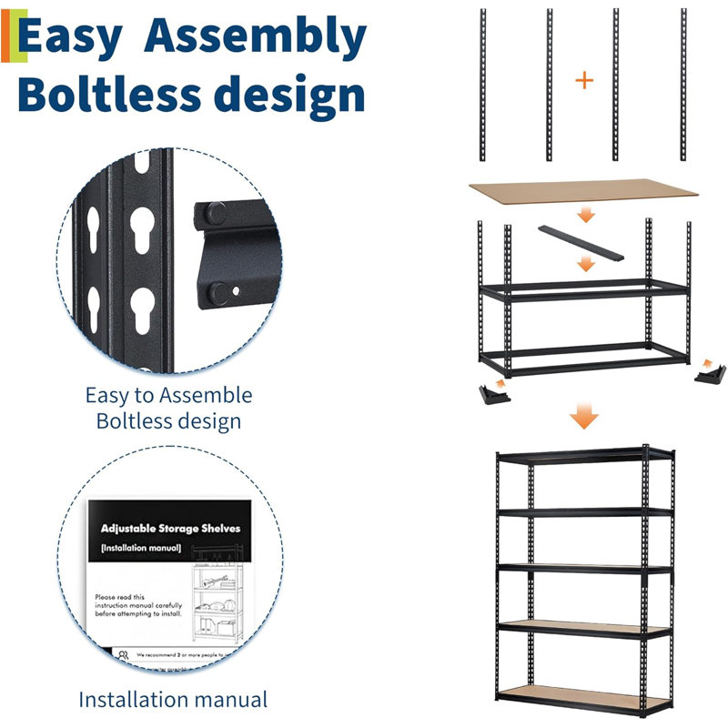 Étagères de rangement pour garage, étagère en métal robuste, support de rangement sans boulons réglable d'une capacité de 2 500 lb avec planches en panneau de fibres à densité moyenne pour le garage, le garde-manger, le sous-sol ou l'entrepôt