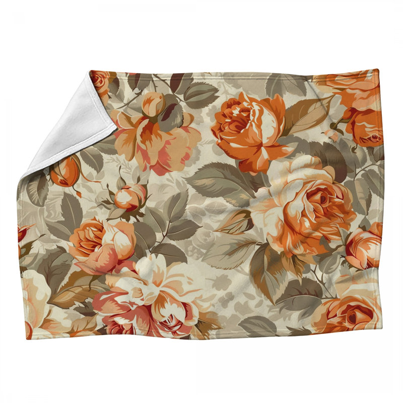 Orange Roses Botanical Machine Printed Throw Blanket, 50" x 60"