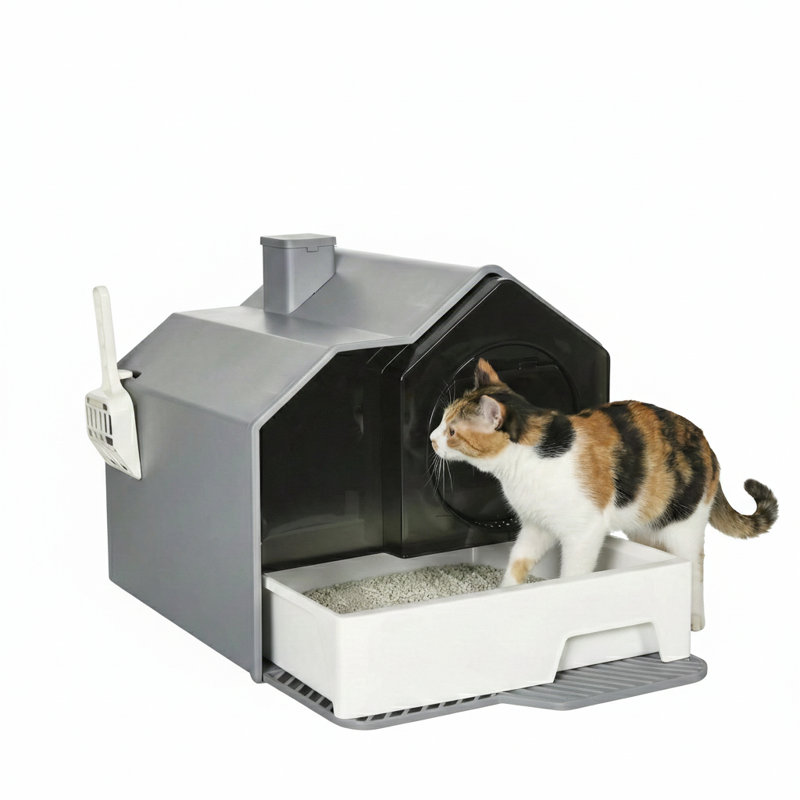 Hooded litter containment unit including a matching mat for capturing scattered granules. Features odor control properties, a pull-out drawer for simple cleaning, a carrying handle, and a waste scoop. Finished in light blue.