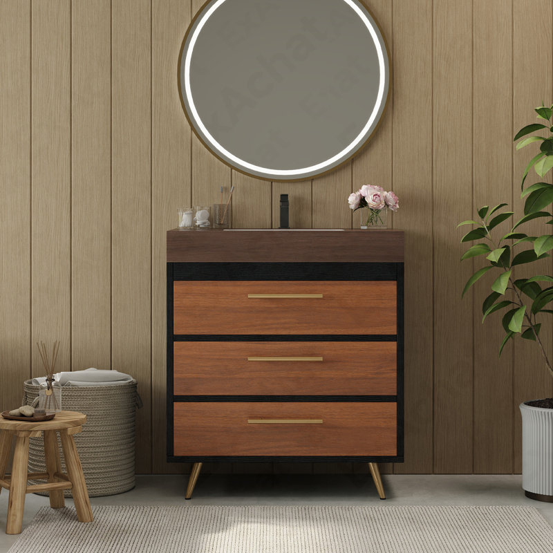 Meuble-lavabo autoportant moderne avec lavabo vasque en céramique et plateau en pierre frittée durable, Noyer / noir, Brun