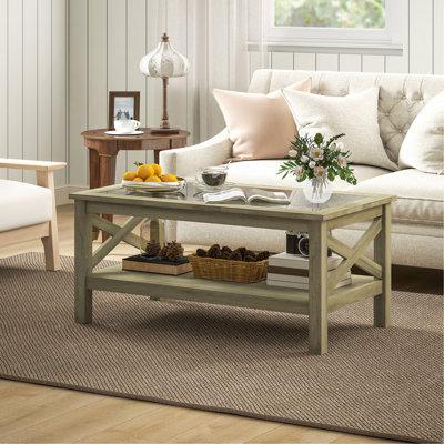 Table basse en verre, table de centre de ferme moderne avec rangement, table d'appoint pour le salon avec côtés de style X-Bar classique