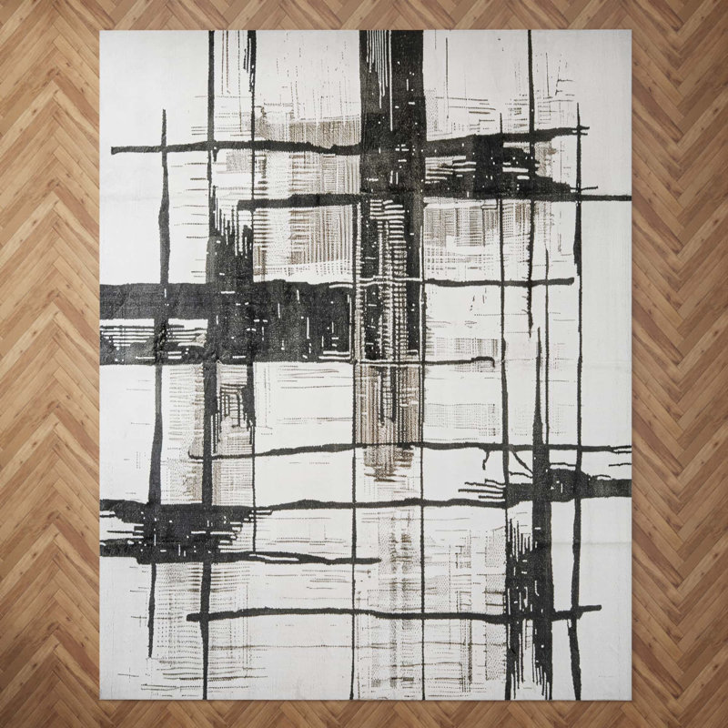 Abstract Non-Slip Machine Washable Modern Area Rug in Black/White for Living Room, Bedroom, Hallway Indoor Rugs