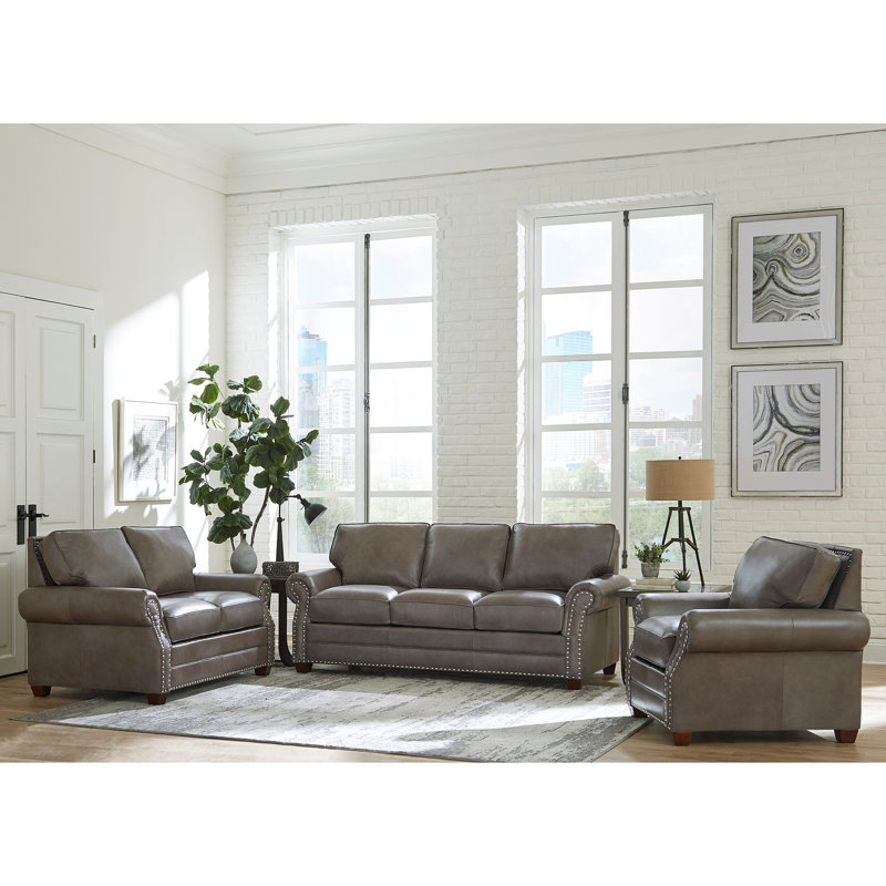 Ensemble de salon en cuir véritable Pedigo, Cuir véritable gris acier